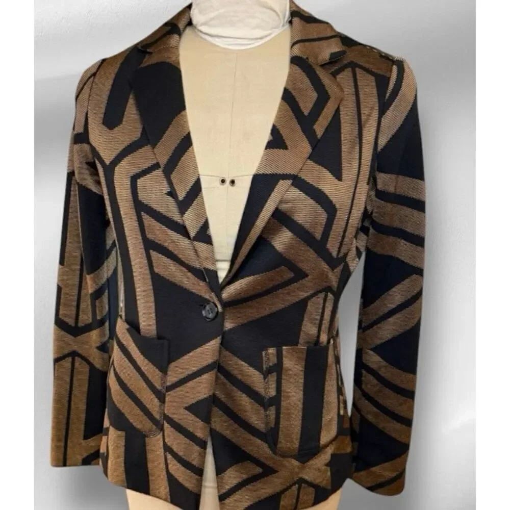 Chico’s Geometric Print Single Button Blazer Black/Gold Size S